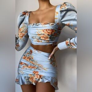 NOOKIE Garden Party Blue Crop Satin Top and Skirt Set XS NWT